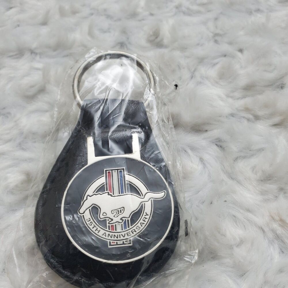 1999 Ford Mustang 35th Anniversary Black Leather Enamel Key Fob Keychain